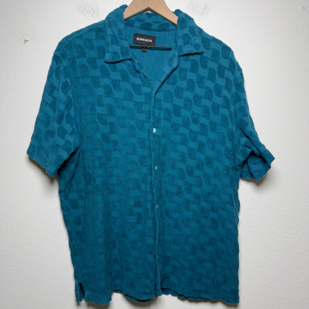 Bonobos Men Cotton Shirt Large Blue Terry Cloth Geometric Short Sleeve Button Up